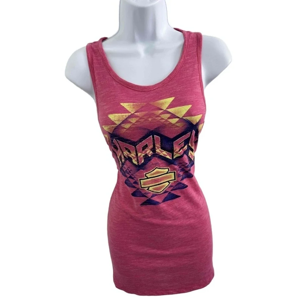 Harley Davidson Tank Top‎ Womens Large Pink Print Bar Shield Logo Scoop Neck